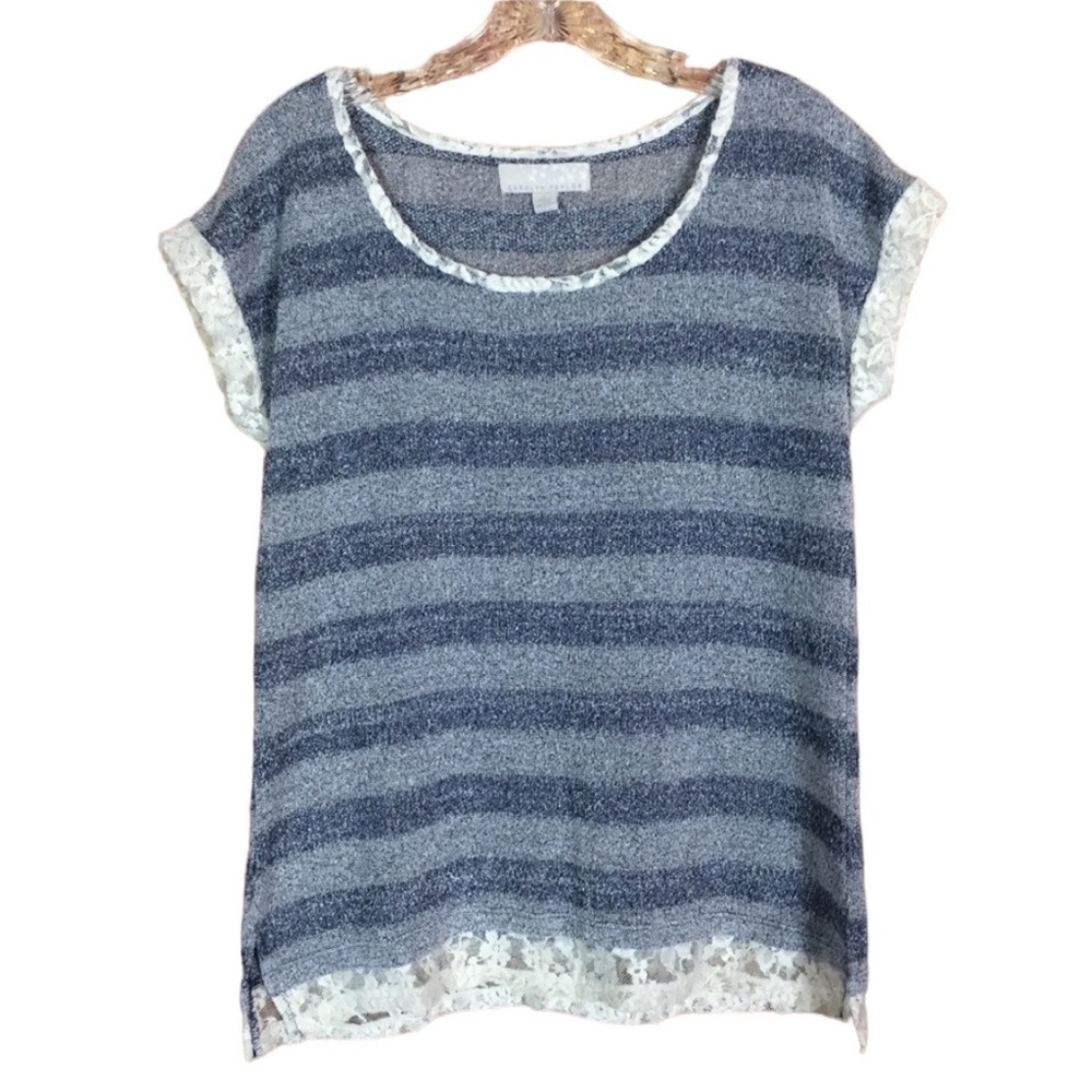 Carolyn Taylor Knit Peekaboo Lace Trim Blouse Spring Summer Striped Size Small S